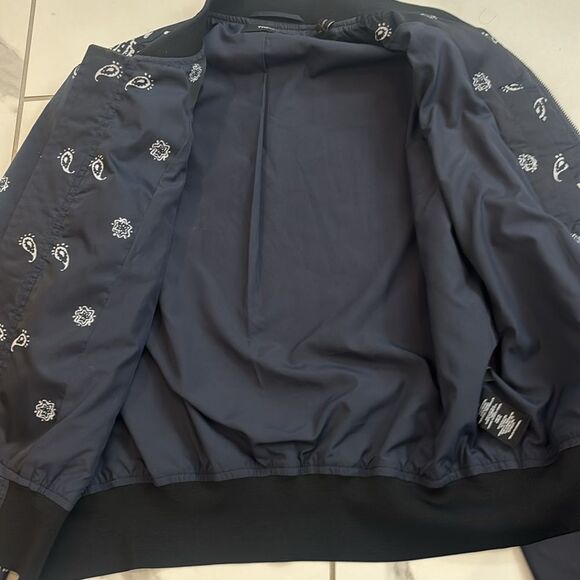 Theory Navy Bandana Embroidered Paisley Bomber Women's Jacket Sz S EUC - Picture 8 of 10